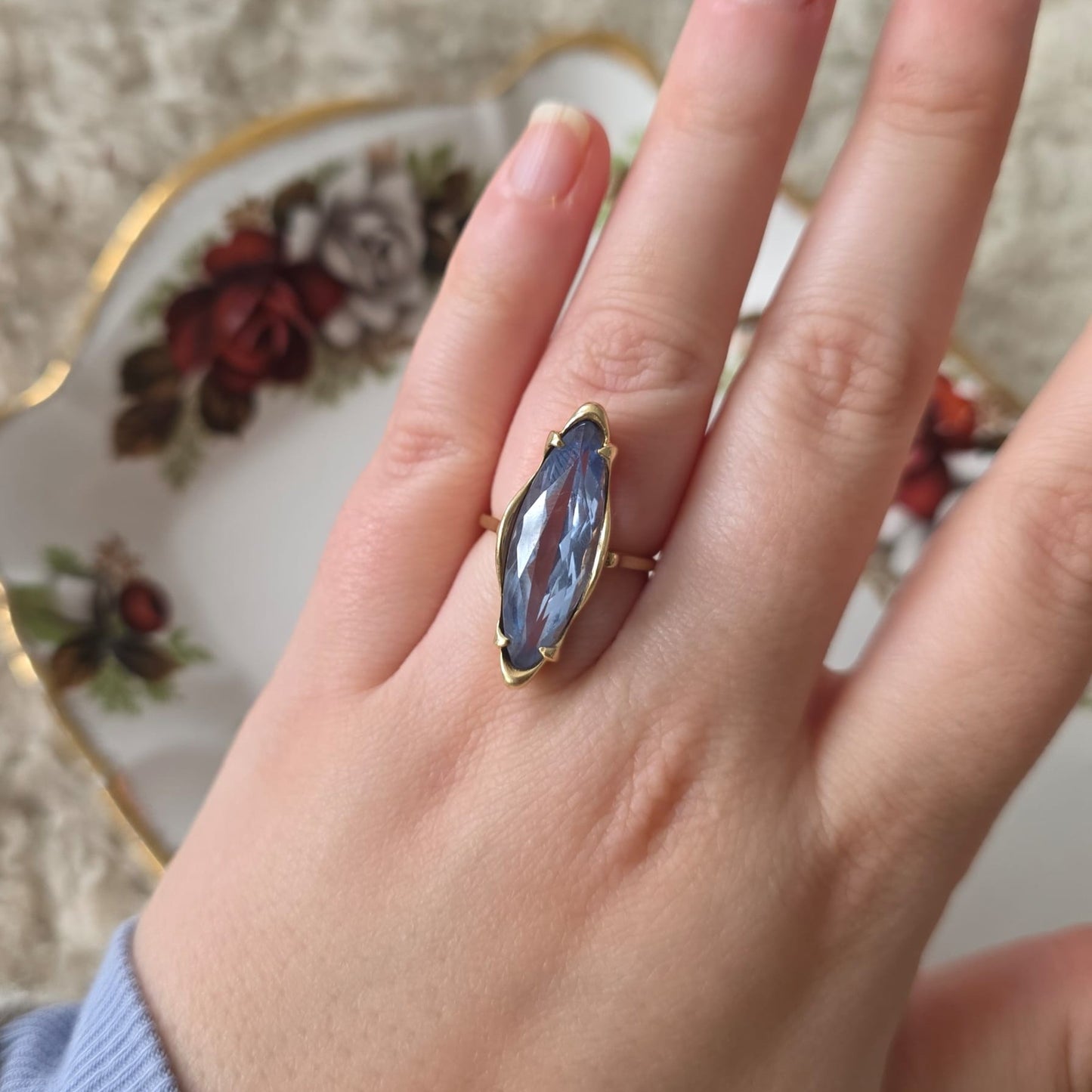 Vintage 14k gouden cocktail ring met markies topaas