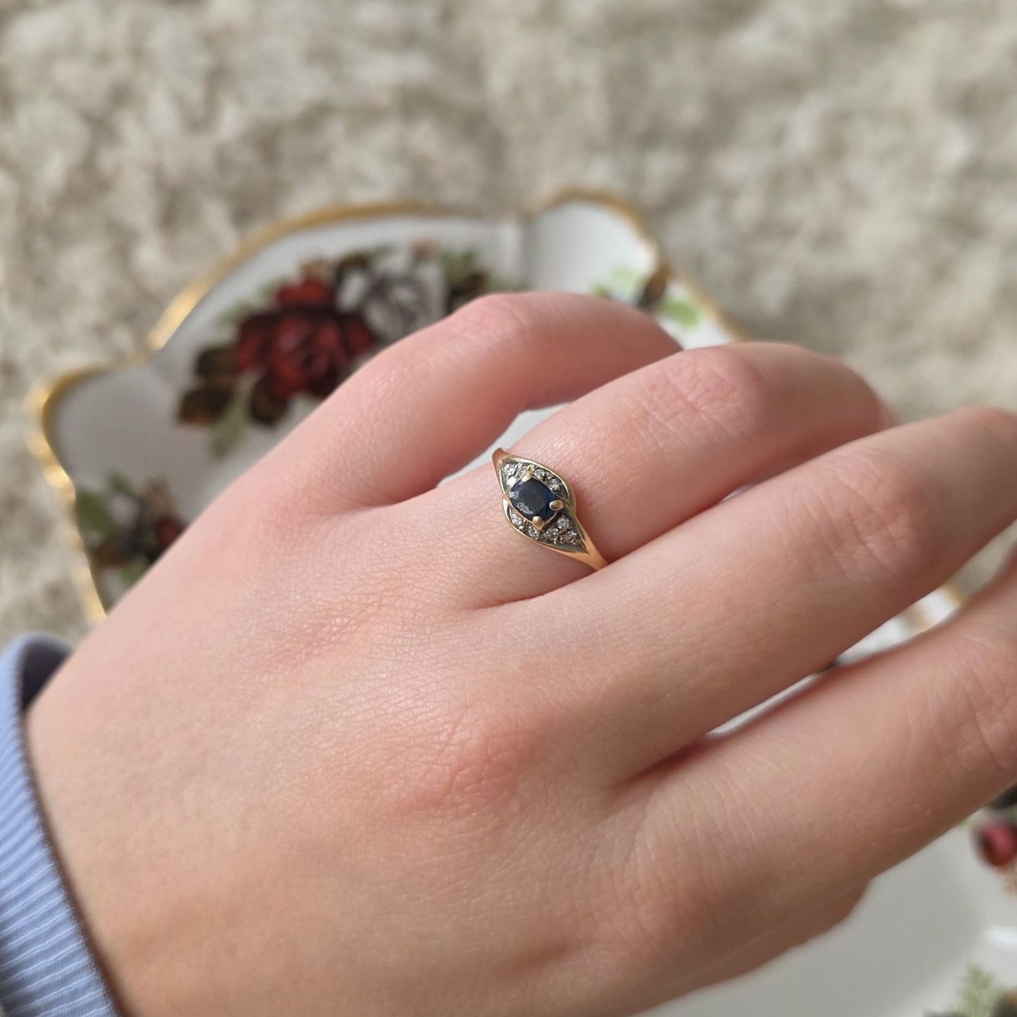 Vintage 14k gouden ring met saffier en diamanten