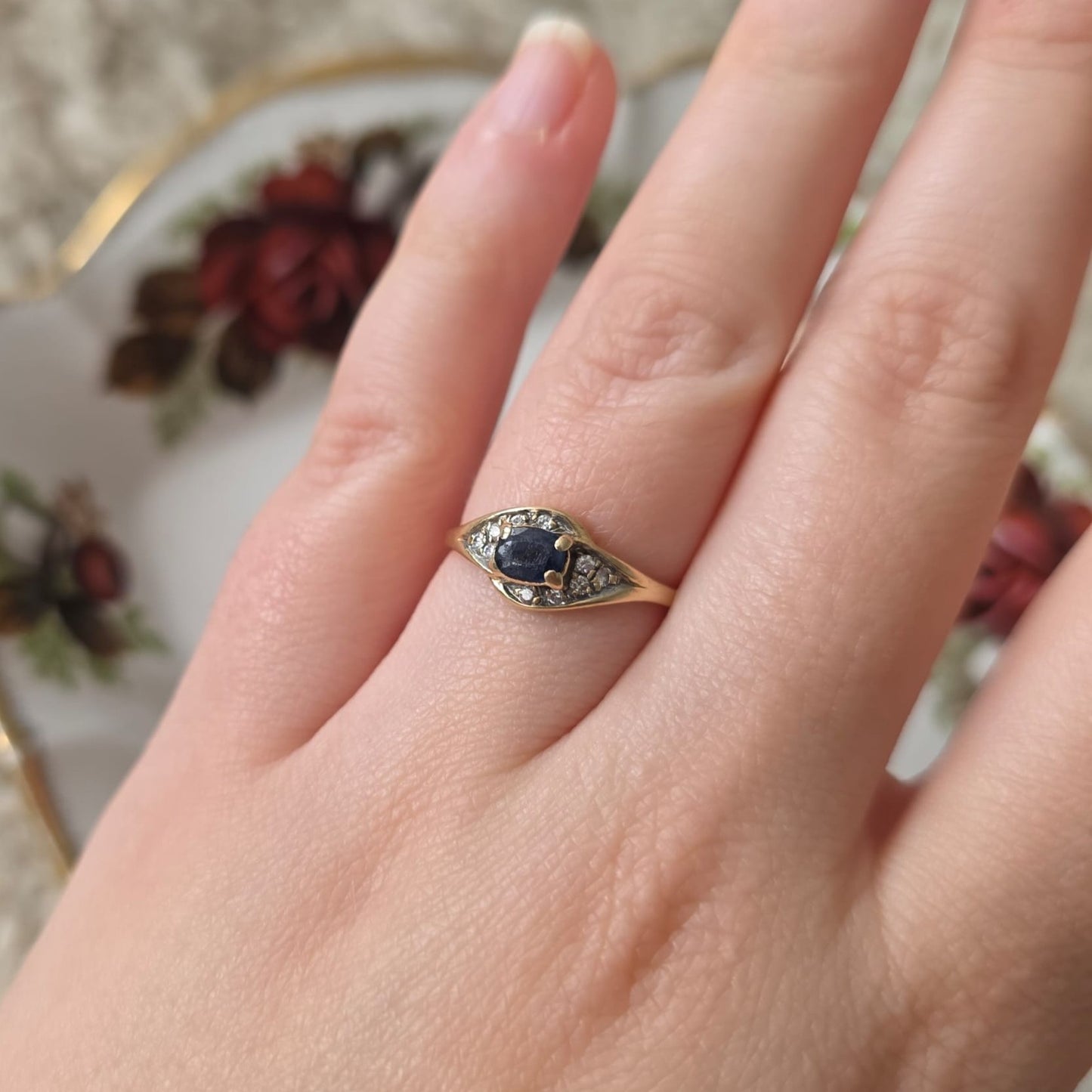 Vintage 14k gouden ring met saffier en diamanten