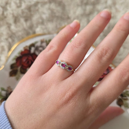 Vintage 14k gouden ring met robijnen en diamanten