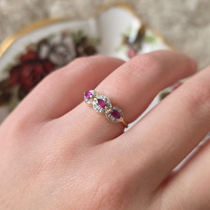 Vintage 14k gouden ring met robijnen en diamanten