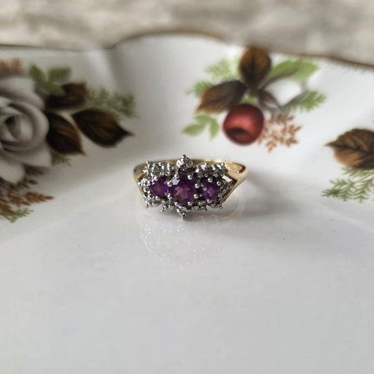 Vintage 9k gouden ring met paarse toermalijn en diamant