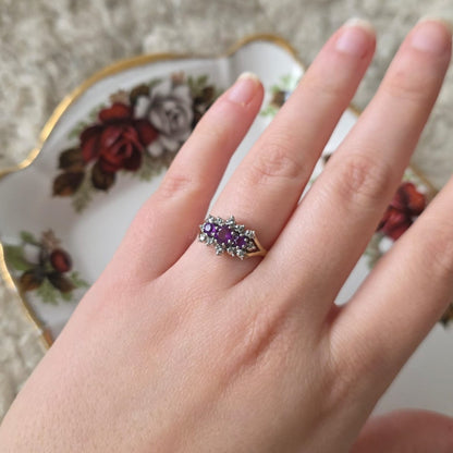 Vintage 9k gouden ring met paarse toermalijn en diamant