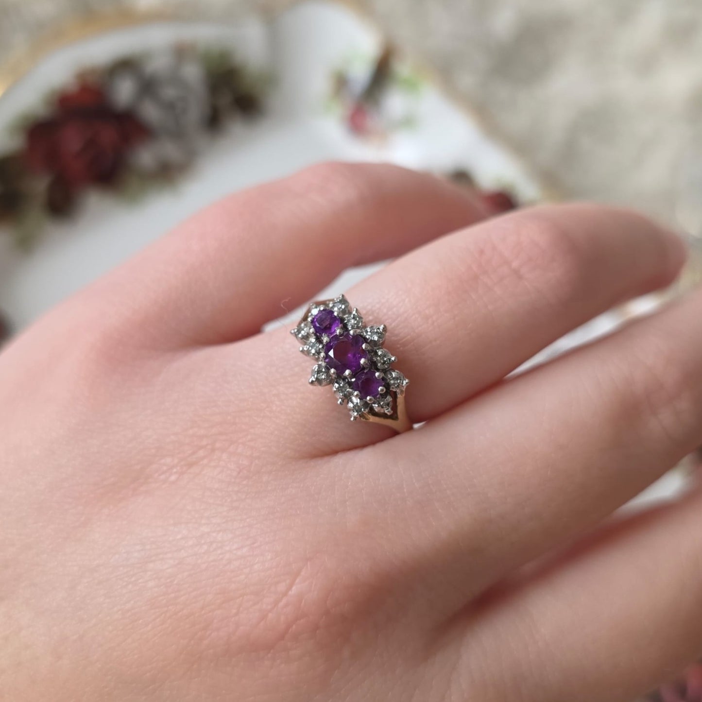 Vintage 9k gouden ring met paarse toermalijn en diamant