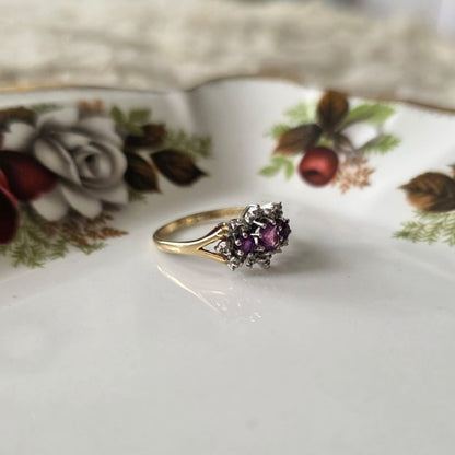 Vintage 9k gouden ring met paarse toermalijn en diamant