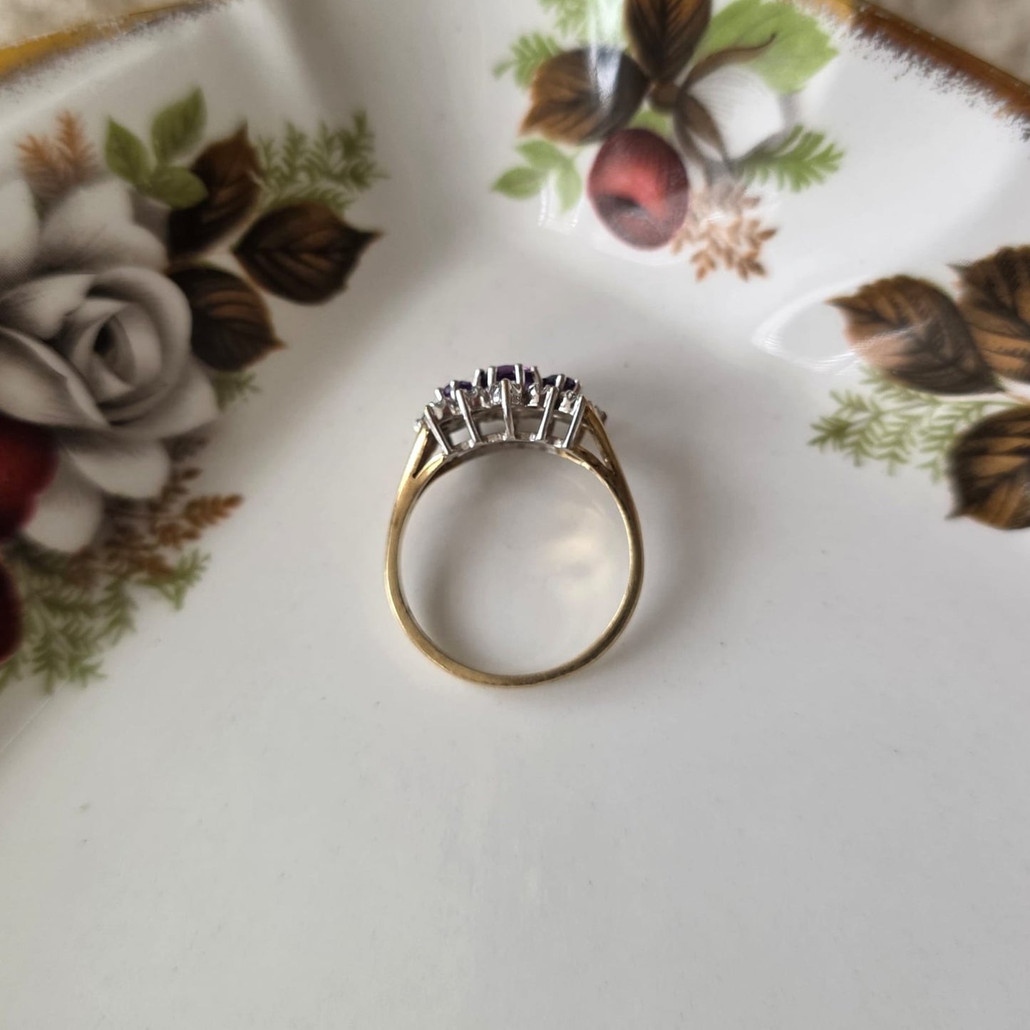 Vintage 9k gouden ring met paarse toermalijn en diamant