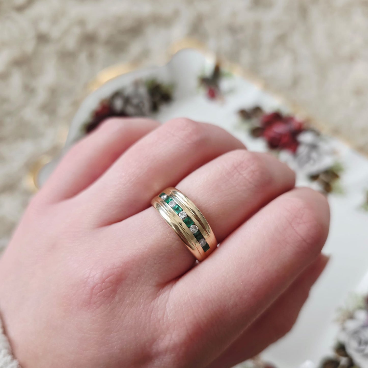 Vintage 14k gouden ring met smaragd en diamant