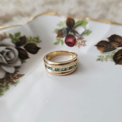 Vintage 14k gouden ring met smaragd en diamant
