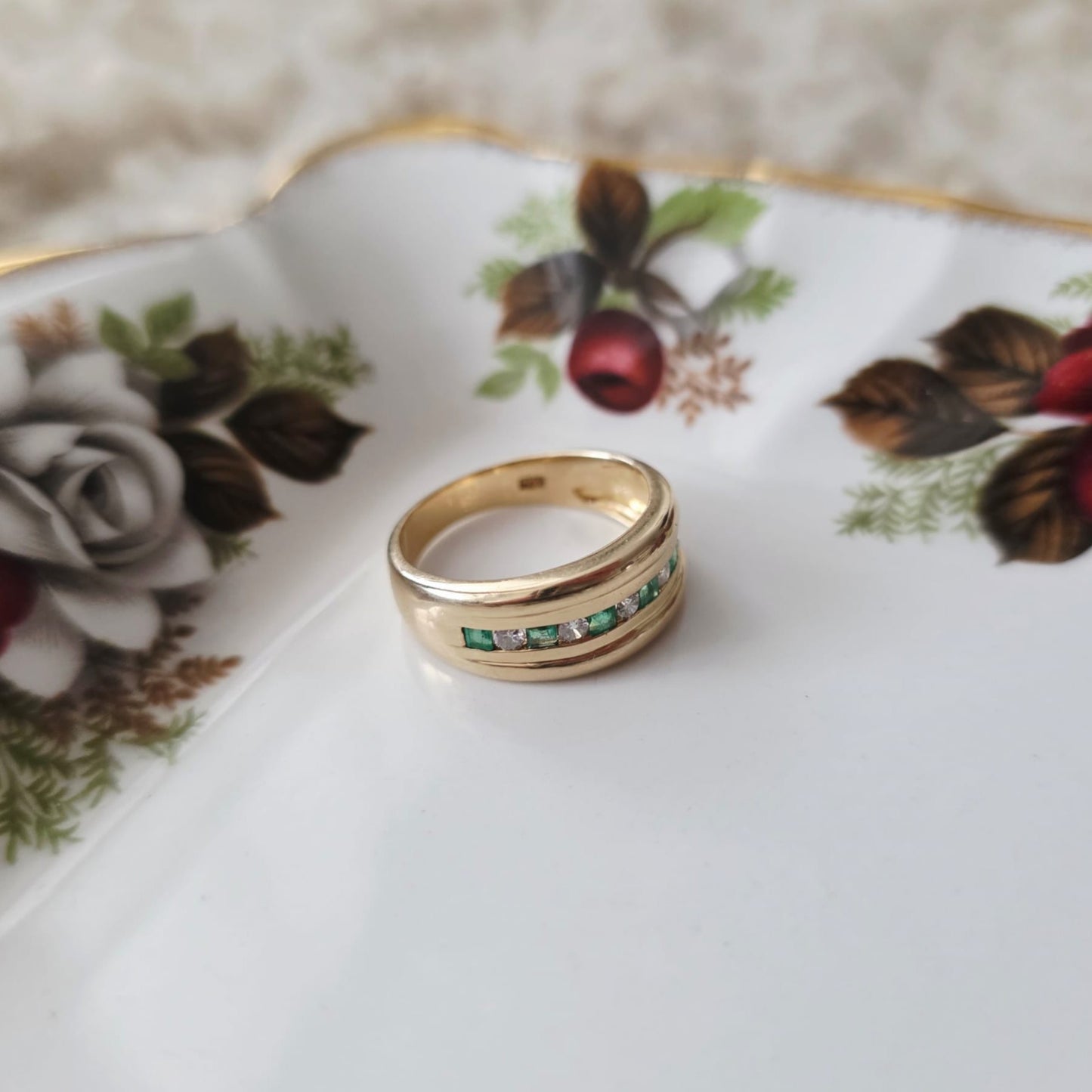 Vintage 14k gouden ring met smaragd en diamant