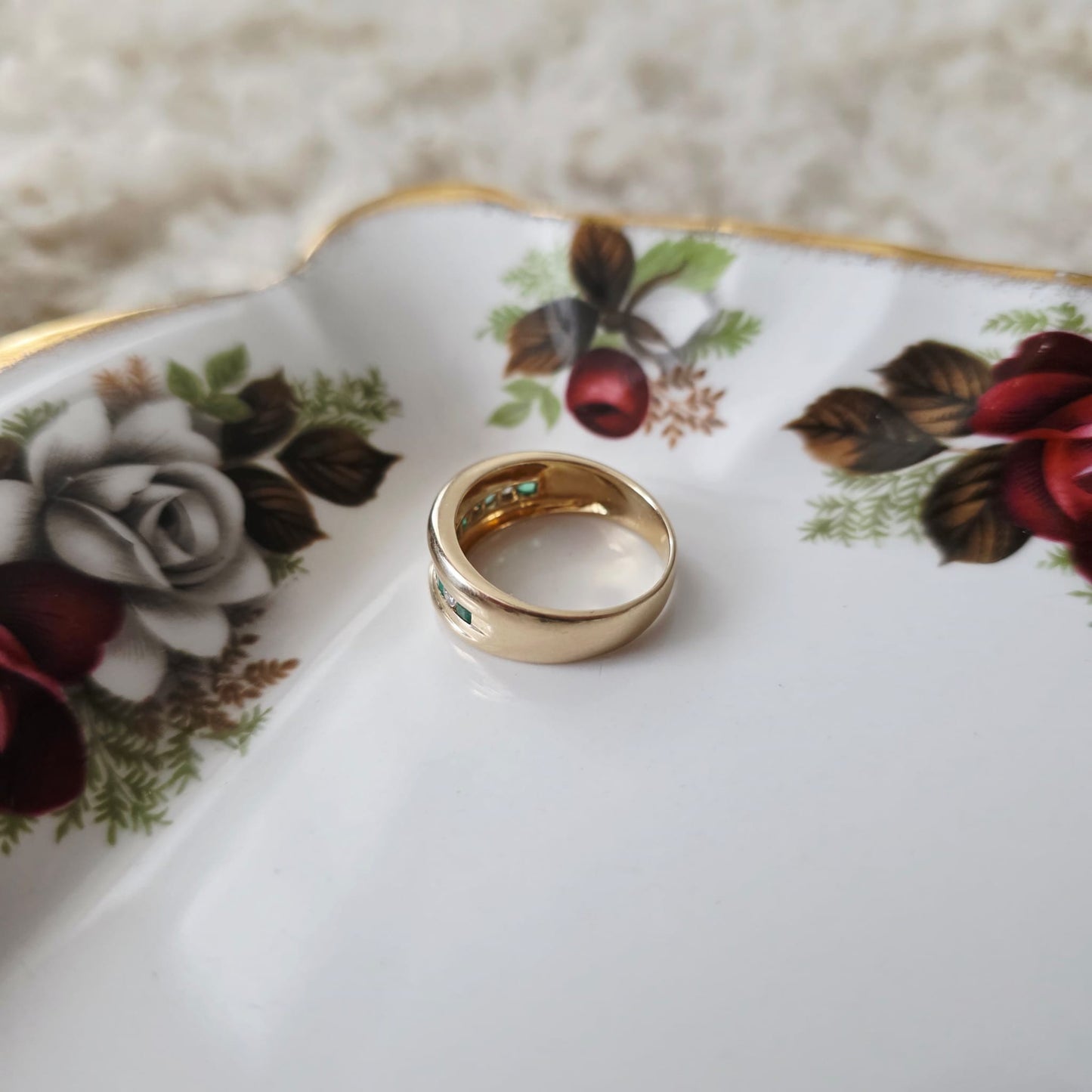 Vintage 14k gouden ring met smaragd en diamant