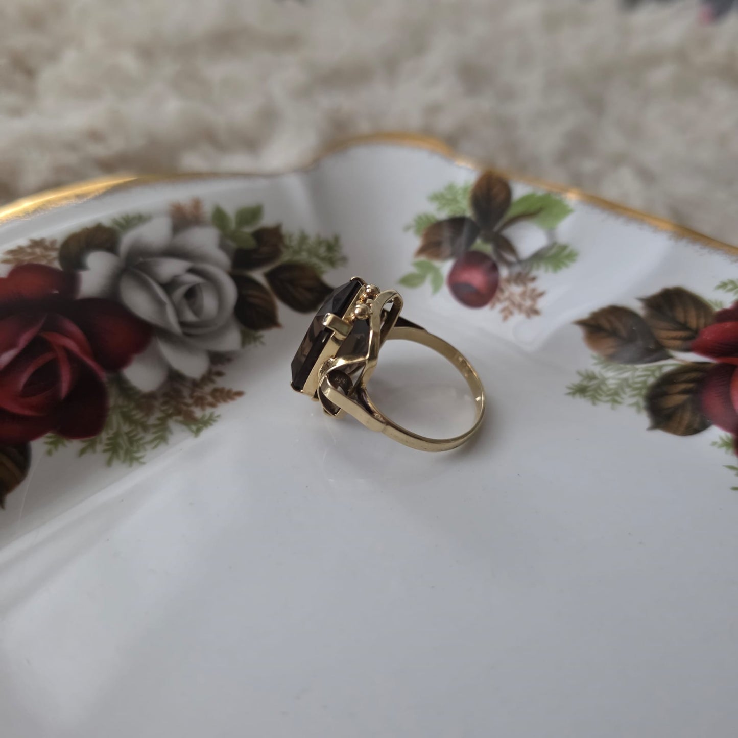 Vintage 14k gouden cocktail ring met rookkwarts