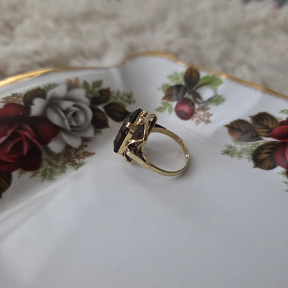 Vintage 14k gouden cocktail ring met rookkwarts