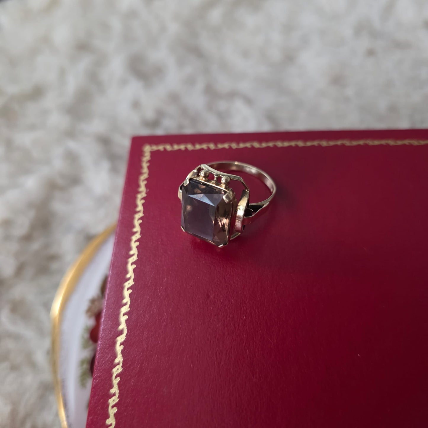 Vintage 14k gouden cocktail ring met rookkwarts