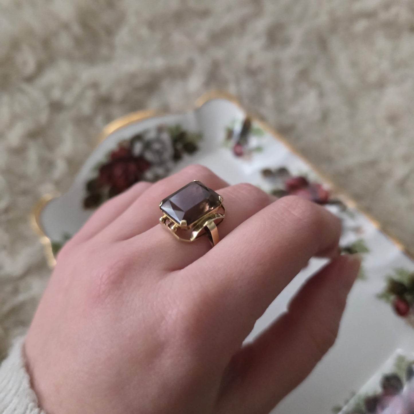 Vintage 14k gouden cocktail ring met rookkwarts