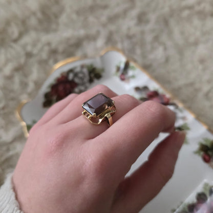 Vintage 14k gouden cocktail ring met rookkwarts