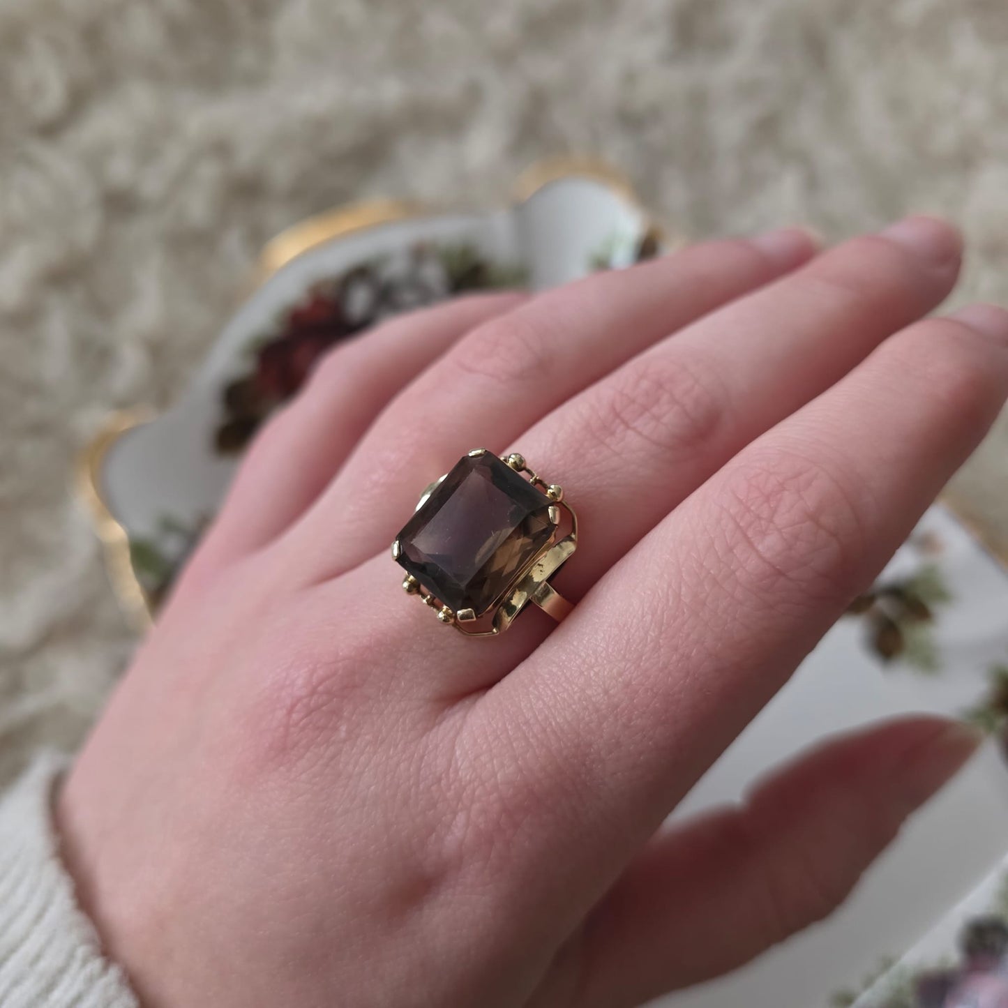 Vintage 14k gouden cocktail ring met rookkwarts