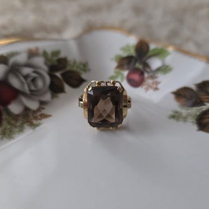 Vintage 14k gouden cocktail ring met rookkwarts