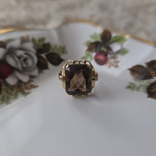 Vintage 14k gouden cocktail ring met rookkwarts