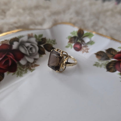 Vintage 14k gouden cocktail ring met rookkwarts
