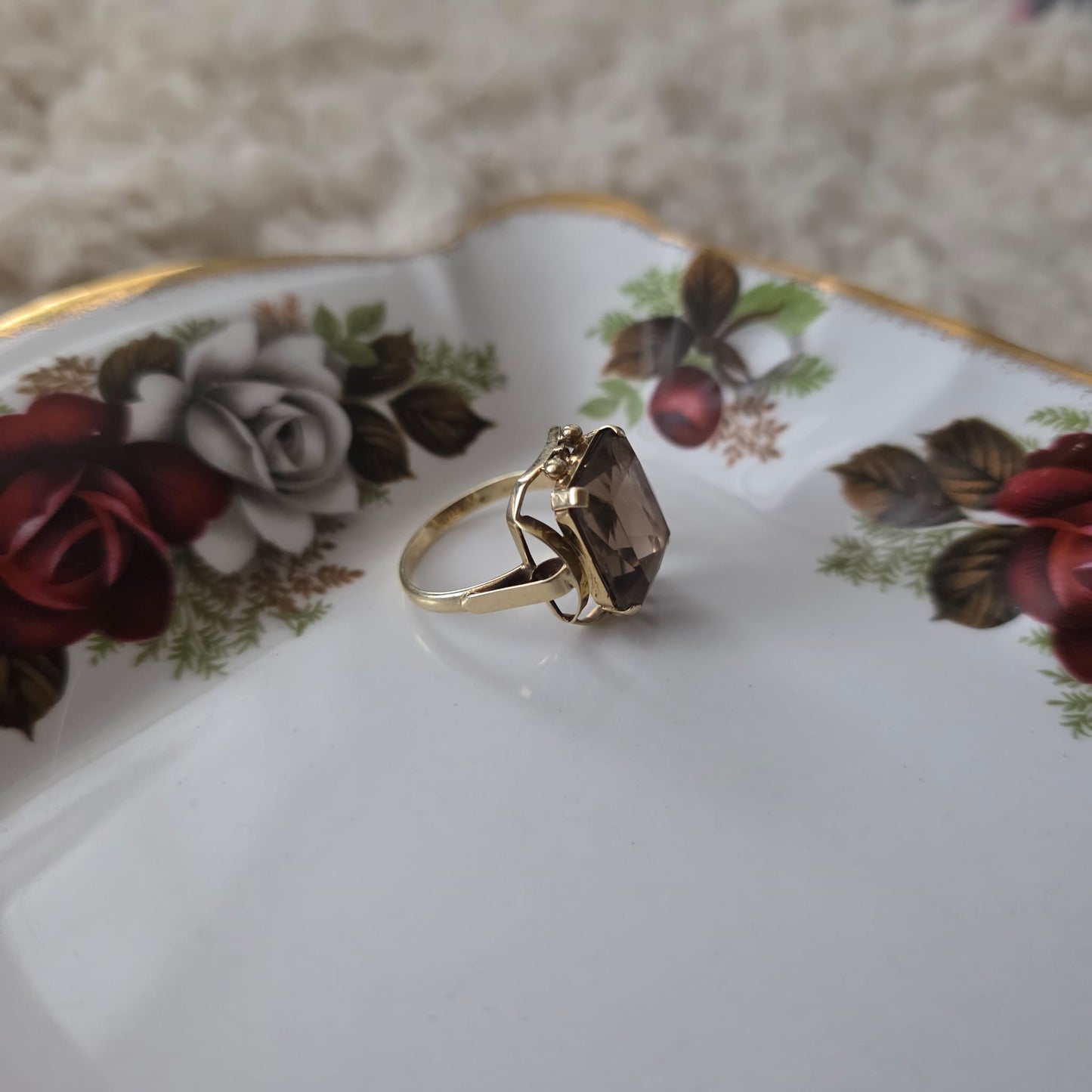 Vintage 14k gouden cocktail ring met rookkwarts