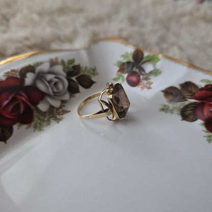 Vintage 14k gouden cocktail ring met rookkwarts