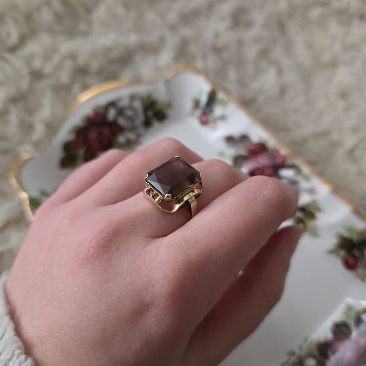 Vintage 14k gouden cocktail ring met rookkwarts