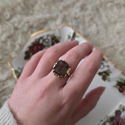Vintage 14k gouden cocktail ring met rookkwarts