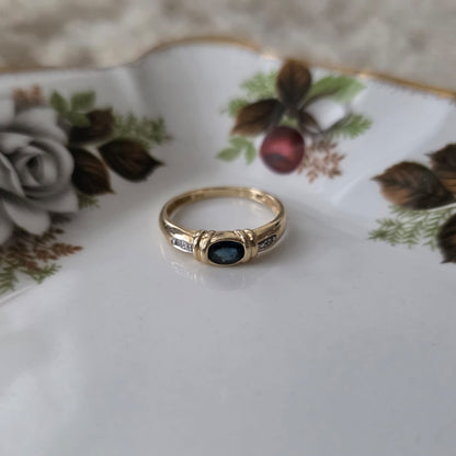 Vintage 14k gouden ring met petrol spinel en diamantjes