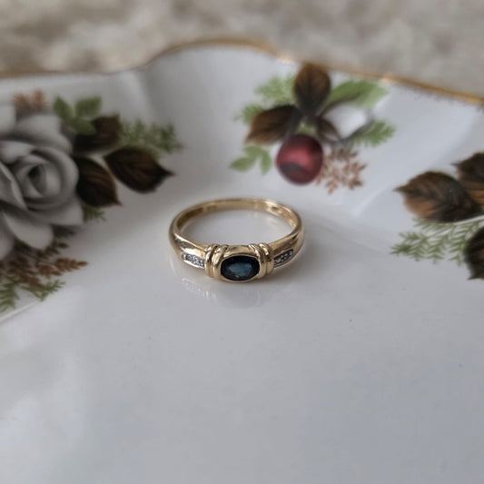 Vintage 14k gouden ring met petrol spinel en diamantjes