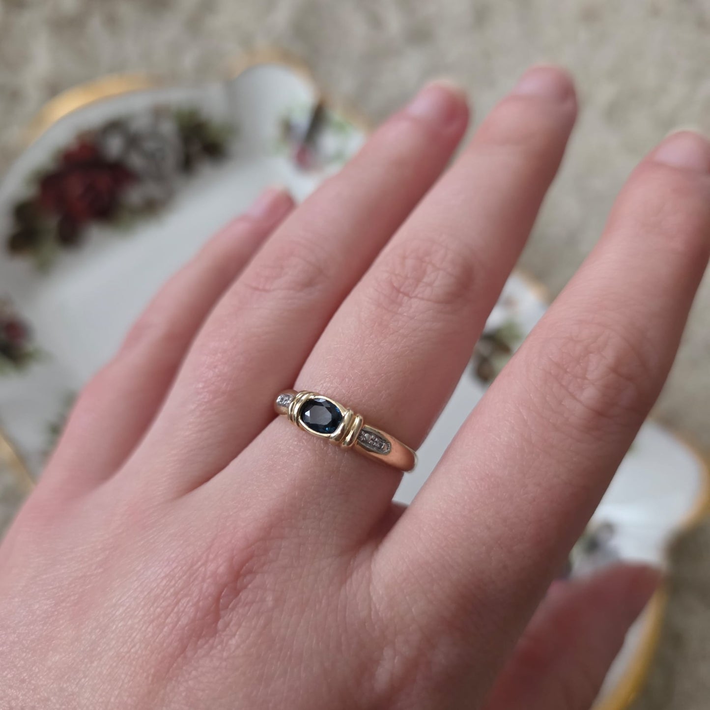 Vintage 14k gouden ring met petrol spinel en diamantjes