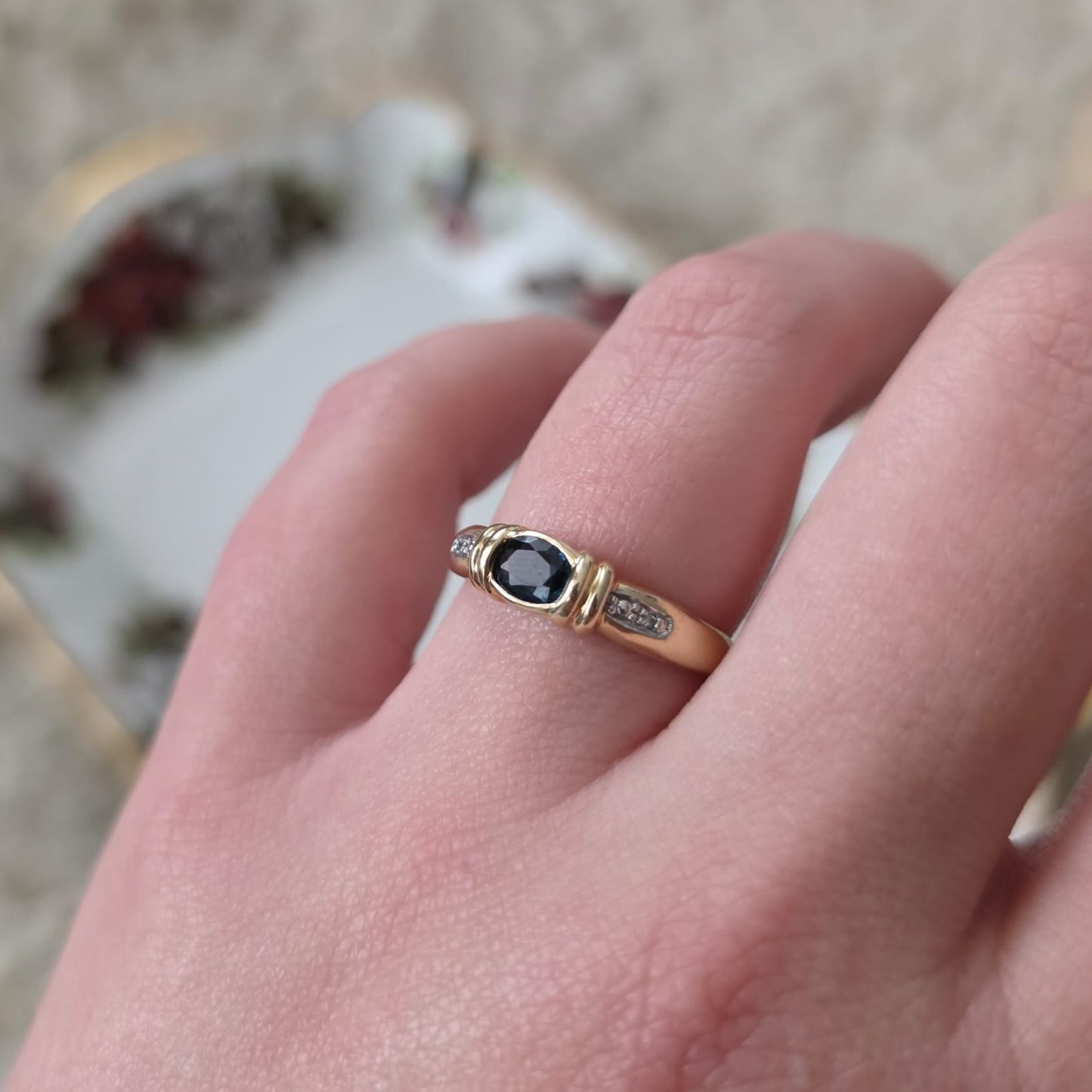 Vintage 14k gouden ring met petrol spinel en diamantjes