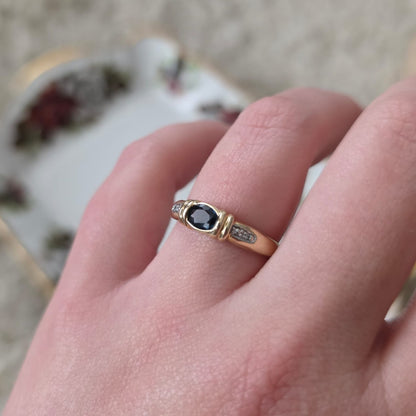 Vintage 14k gouden ring met petrol spinel en diamantjes