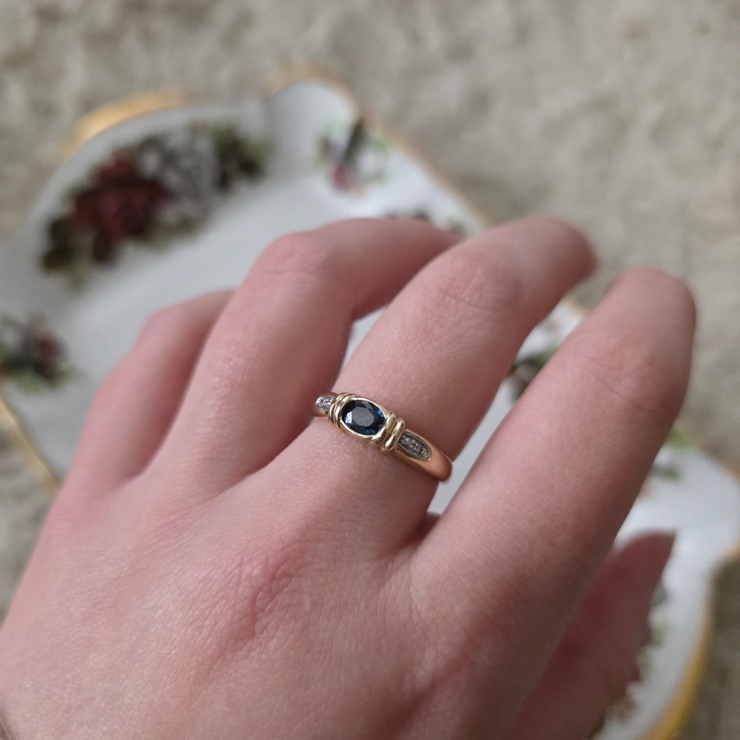 Vintage 14k gouden ring met petrol spinel en diamantjes