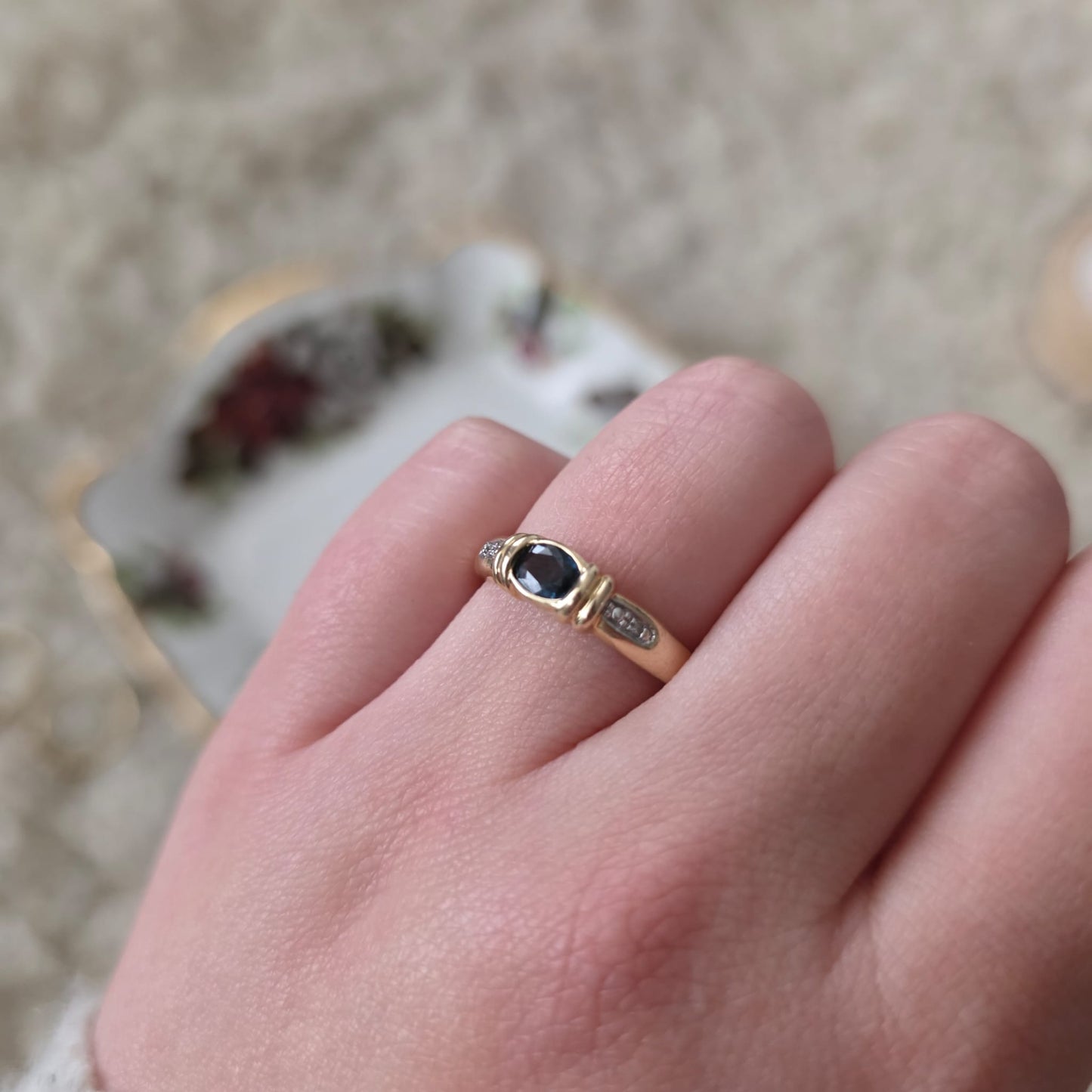 Vintage 14k gouden ring met petrol spinel en diamantjes