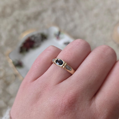 Vintage 14k gouden ring met petrol spinel en diamantjes