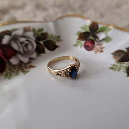 Vintage 14k gouden ring met saffier en diamantjes