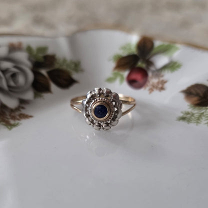 Antieke 14k gouden ring met zilveren kop en saffier