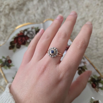 Antieke 14k gouden ring met zilveren kop en saffier