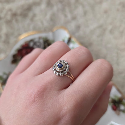 Antieke 14k gouden ring met zilveren kop en saffier