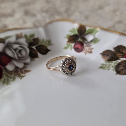 Antieke 14k gouden ring met zilveren kop en saffier