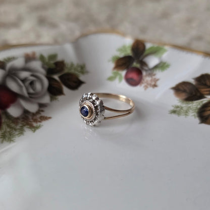 Antieke 14k gouden ring met zilveren kop en saffier