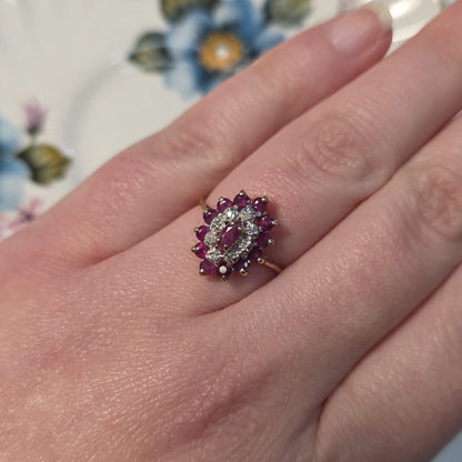Vintage 9k ring met robijn en diamant