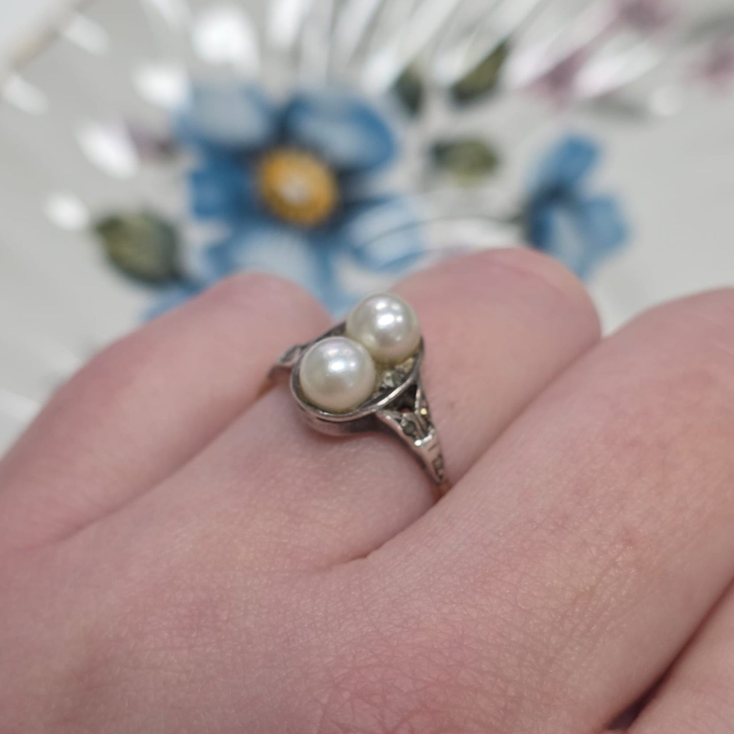 Antieke 14k en zilver ring met parel en marcasiet