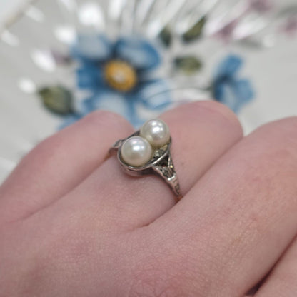 Antieke 14k en zilver ring met parel en marcasiet