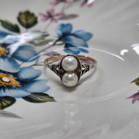 Antieke 14k en zilver ring met parel en marcasiet