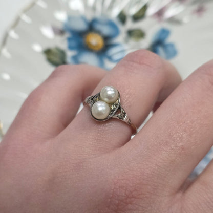 Antieke 14k en zilver ring met parel en marcasiet