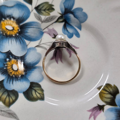 Antieke 14k en zilver ring met parel en marcasiet