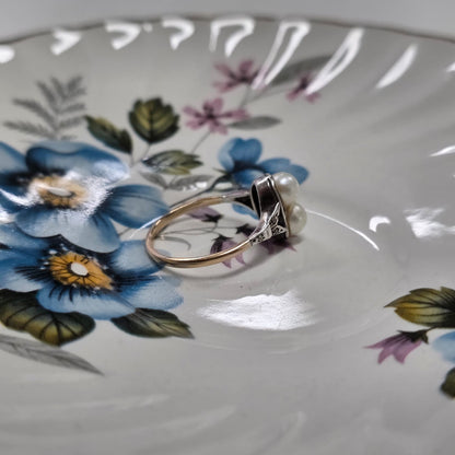 Antieke 14k en zilver ring met parel en marcasiet