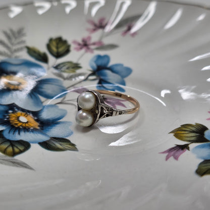 Antieke 14k en zilver ring met parel en marcasiet