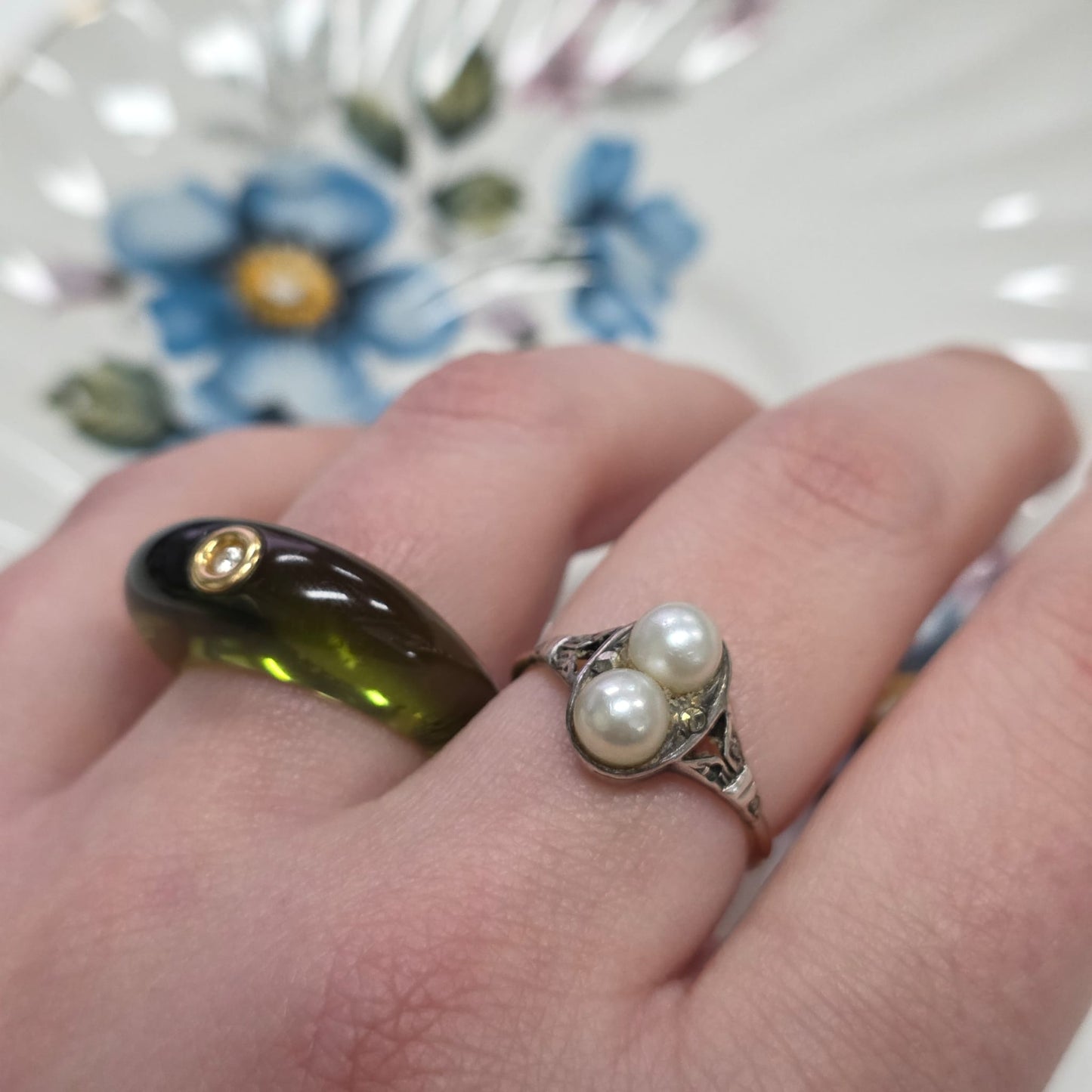 Antieke 14k en zilver ring met parel en marcasiet